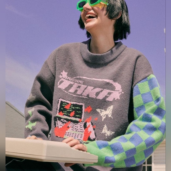 Taka Original XL Gray Sweater with Neon Green Checkered PTP 25 - Picture 2 of 7